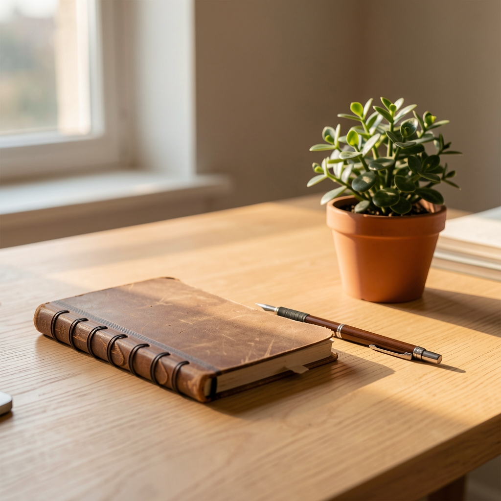 Editorial workspace with a vintage notebook, a mechanical pencil and a small potted plant on a light oak desk, warm afternoon light, shallow depth of field