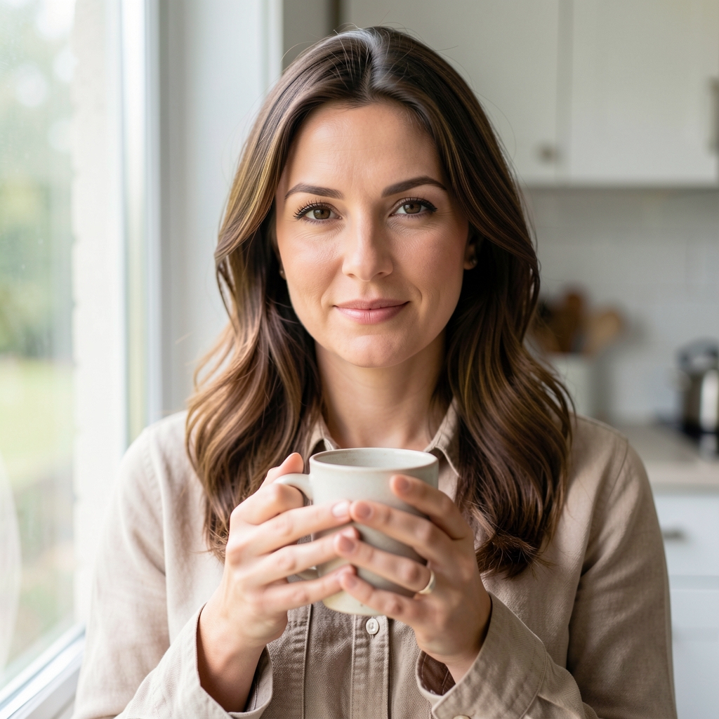 Portrait of a woman in her mid-thirties beside a bright kitchen window, hands wrapped around a ceramic mug, relaxed editorial setting