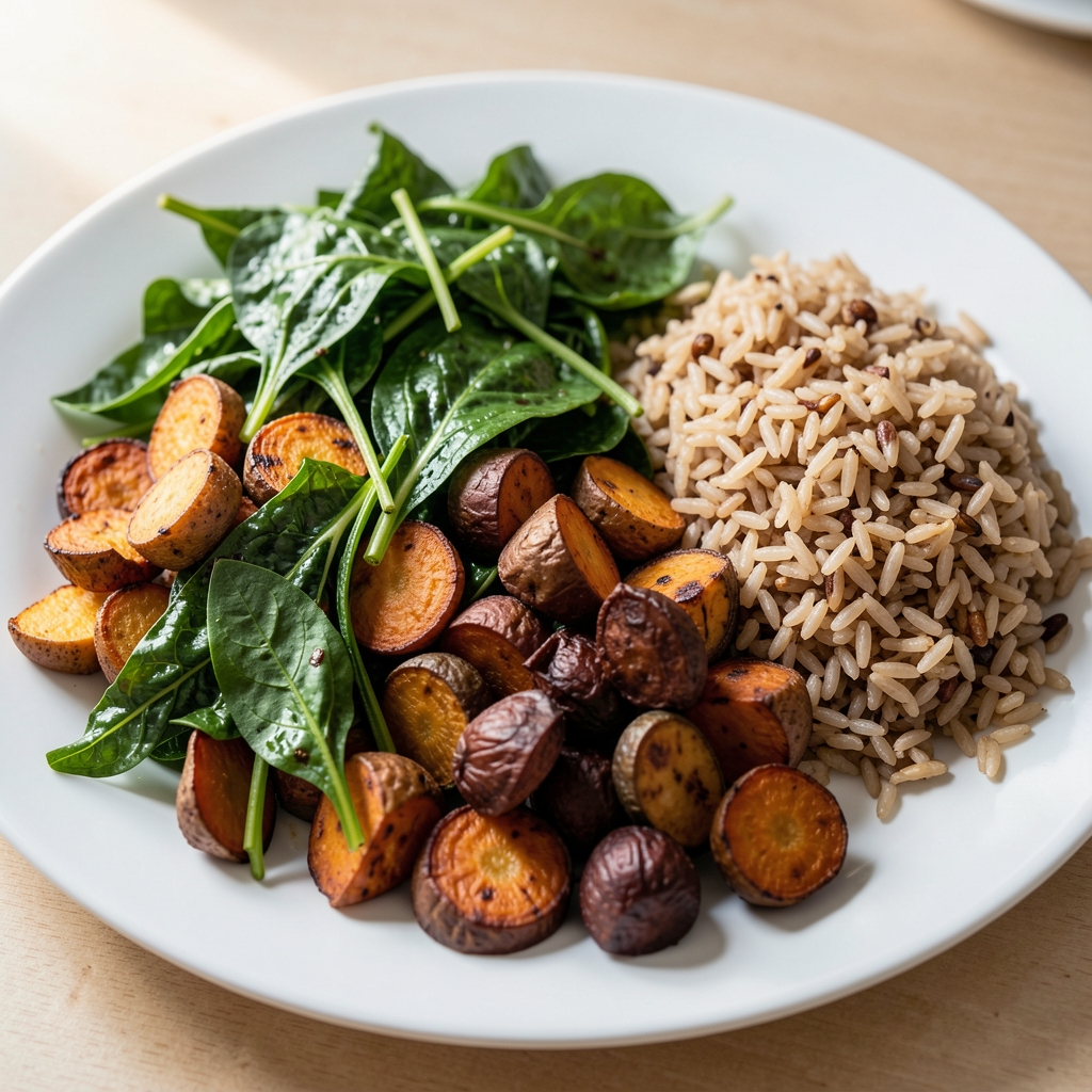 Close-up of a colourful plate with leafy greens, roasted root vegetables and brown rice under natural daylight, arranged to show portion variety