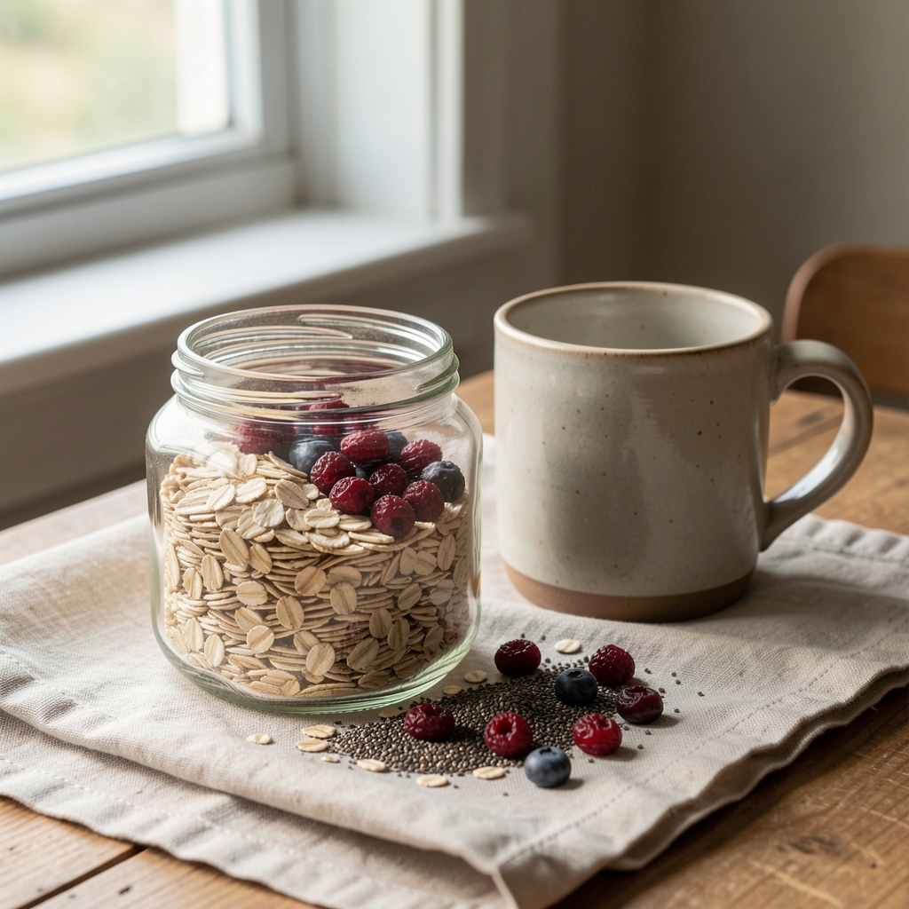 Open glass jar filled with rolled oats, chia seeds and dried berries on a pale linen cloth beside a ceramic mug, morning natural light from a side window