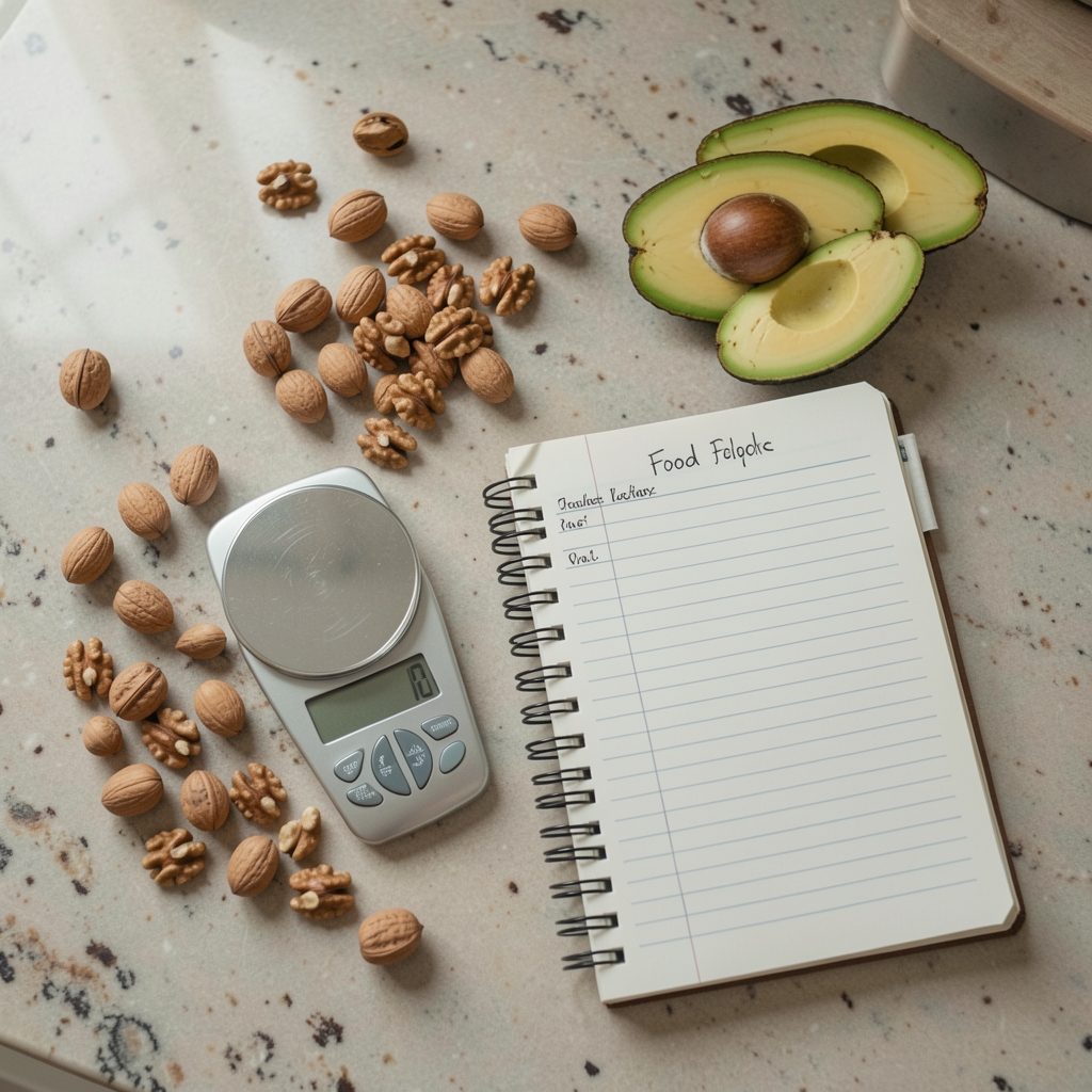 Overhead view of a kitchen counter with a small kitchen scale, a handful of walnuts, sliced avocado and a notebook open to a handwritten food log, soft daylight