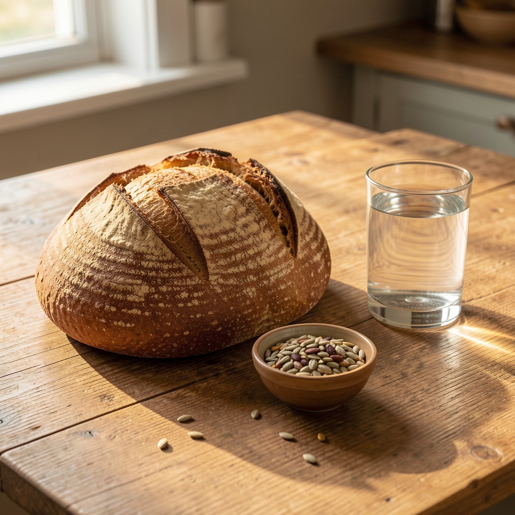 Wooden kitchen table with a whole grain bread loaf, a small bowl of mixed seeds, and a glass of water in warm morning light, overhead composition