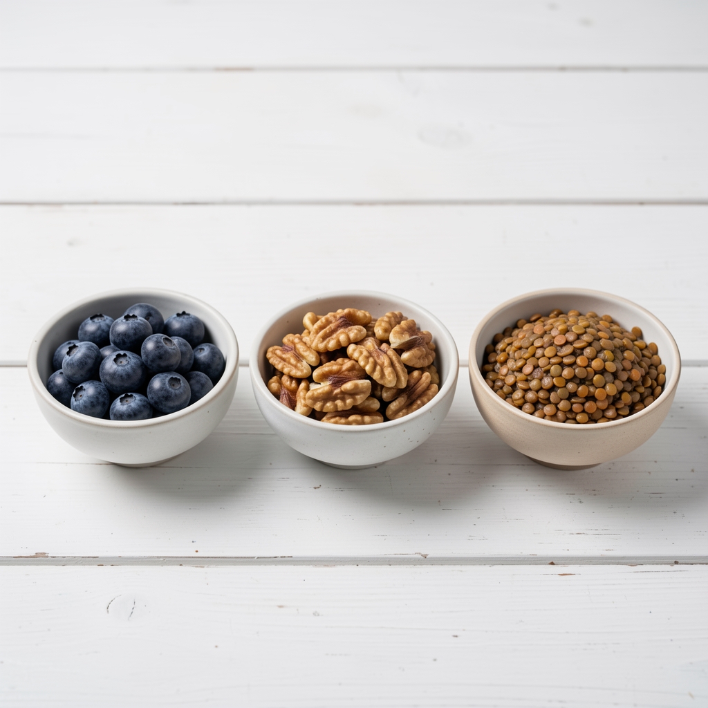 Three small ceramic bowls on a white wooden surface each containing a different whole food: blueberries, walnuts and cooked lentils, under controlled studio lighting