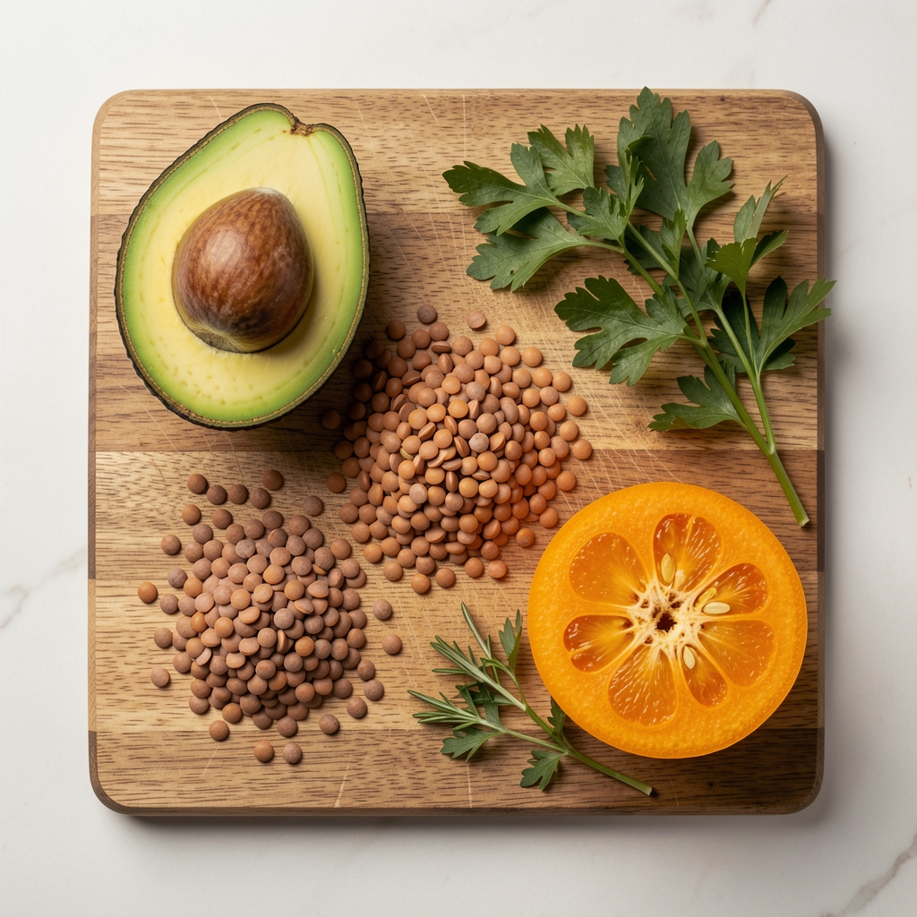Top-down view of a wooden chopping board with a variety of whole plant foods including a halved avocado, a handful of brown lentils, a cross-section of orange squash and fresh herbs, under soft diffused studio lighting